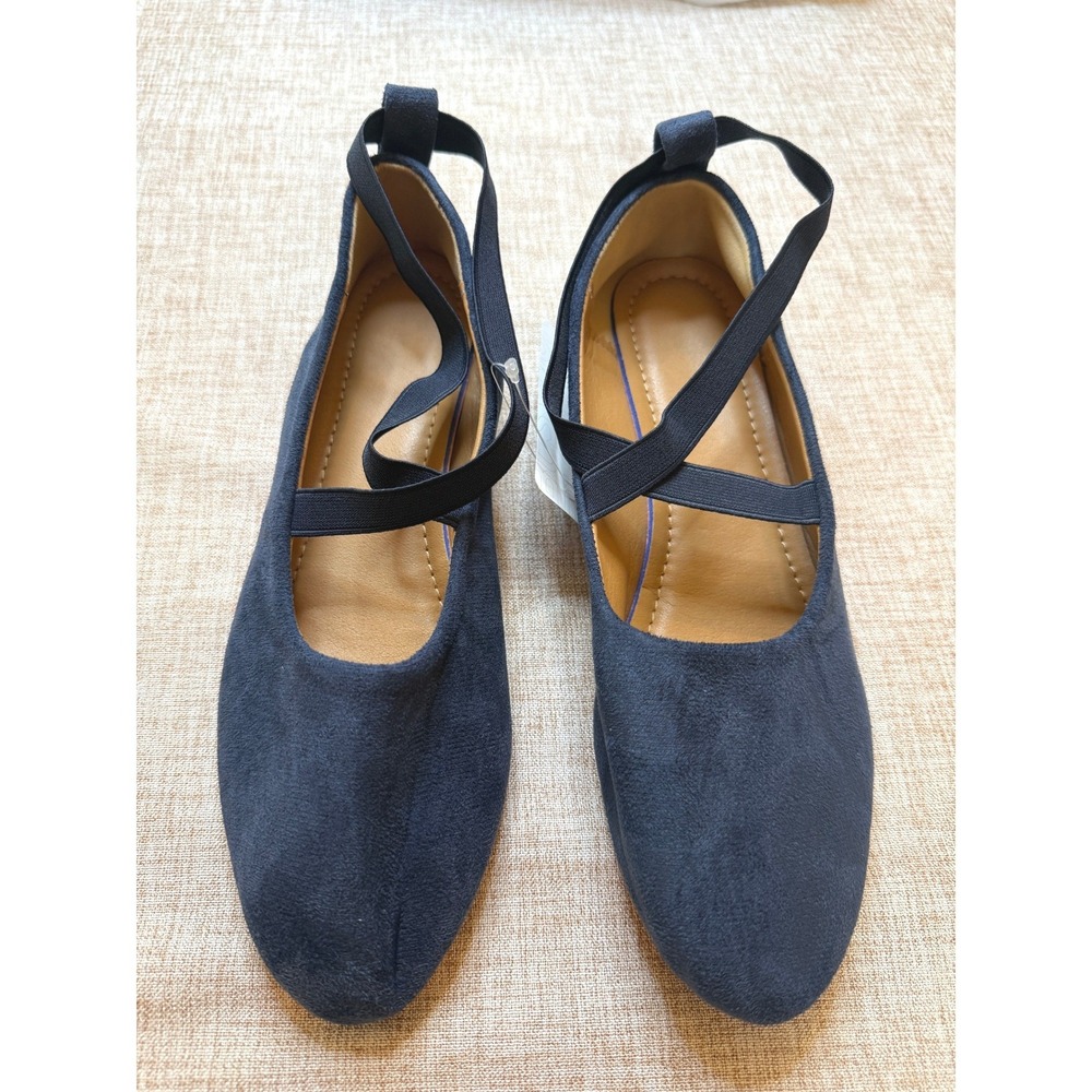 Navy Blue Faux Suede Elastic Strap Ballet Wedge Flats Shoes‎ Womens 8.5